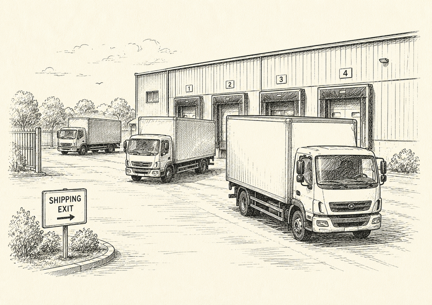 Illustration of delivery trucks at warehouse shipping docks