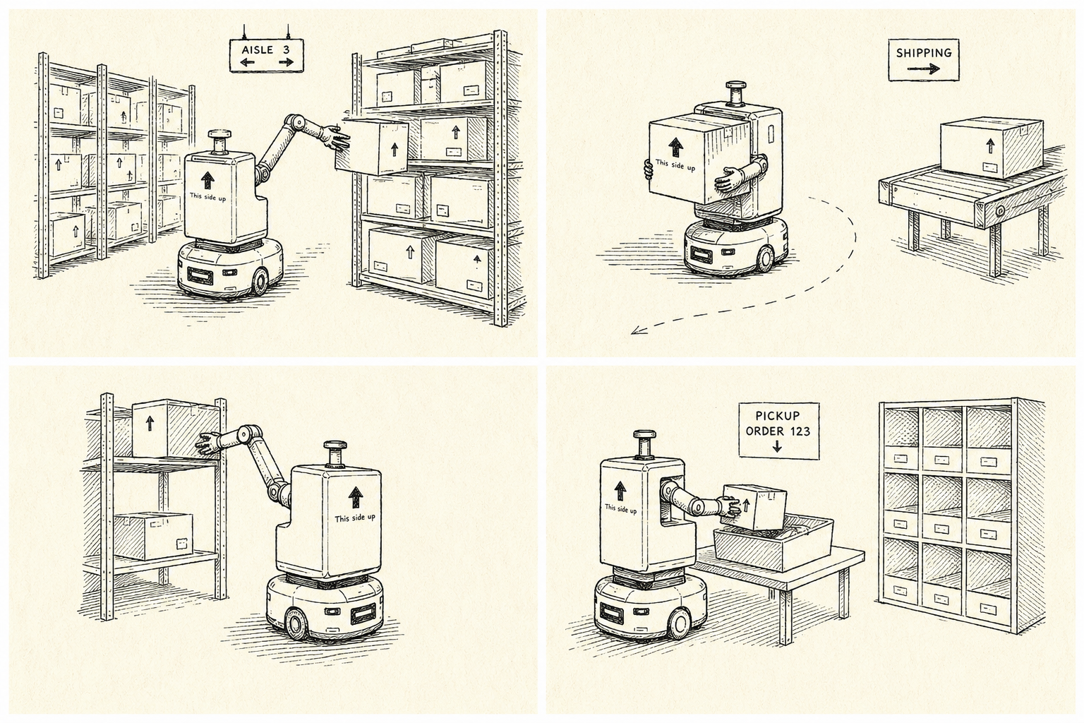Illustration of autonomous warehouse robots picking, transporting, and shipping boxes through a D365-managed warehouse